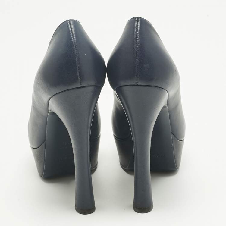 Pre Owned Yves Saint Laurent Navy Blue Leather Platform Peep Toe Pumps Size 36