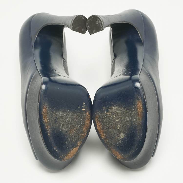 Pre Owned Yves Saint Laurent Navy Blue Leather Platform Peep Toe Pumps Size 36