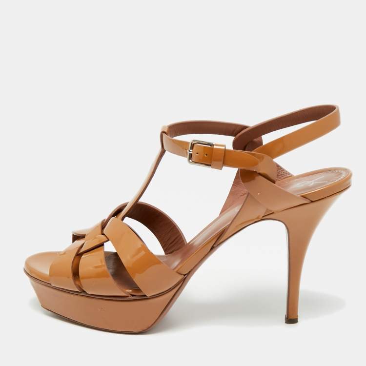 Pre Owned Yves Saint Laurent Tribute  Brown Patent Leather Platform Sandals Size 40