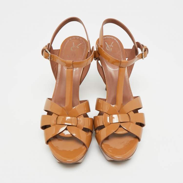 Pre Owned Yves Saint Laurent Tribute  Brown Patent Leather Platform Sandals Size 40
