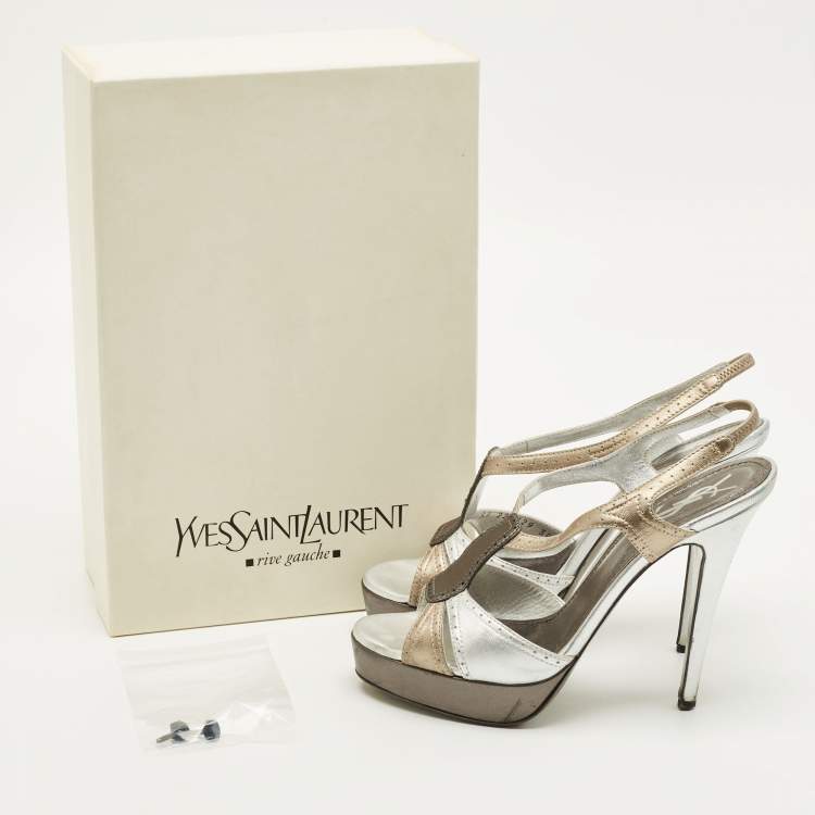 مملوكة مسبقًا Yves Saint Laurent Size 38.5 Silver Leather Ankle Strap Sandals