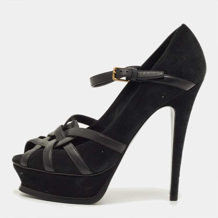Pre Owned Yves Saint Laurent Size 38 Black Leather and Suede Strappy Platform Pumps