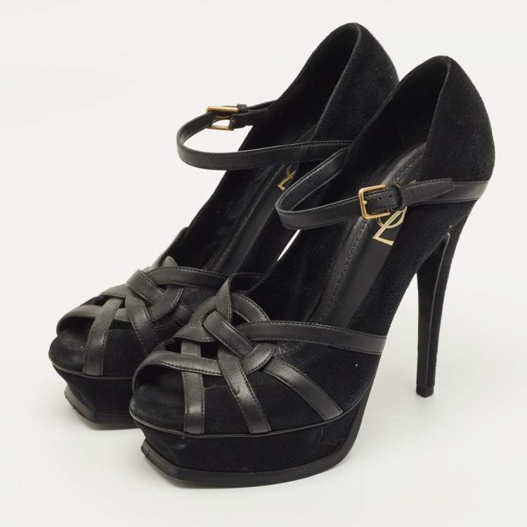 Pre Owned Yves Saint Laurent Size 38 Black Leather and Suede Strappy Platform Pumps