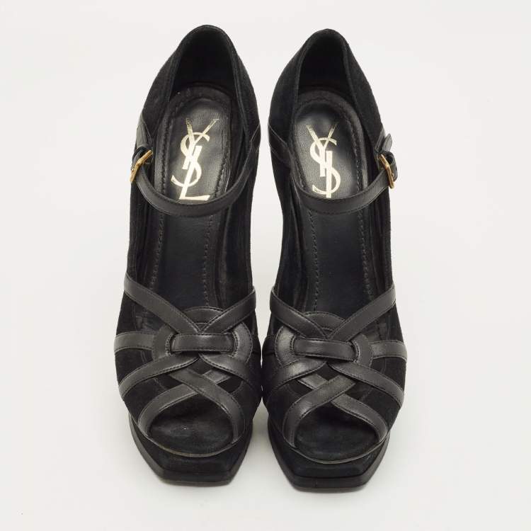 Pre Owned Yves Saint Laurent Size 38 Black Leather and Suede Strappy Platform Pumps