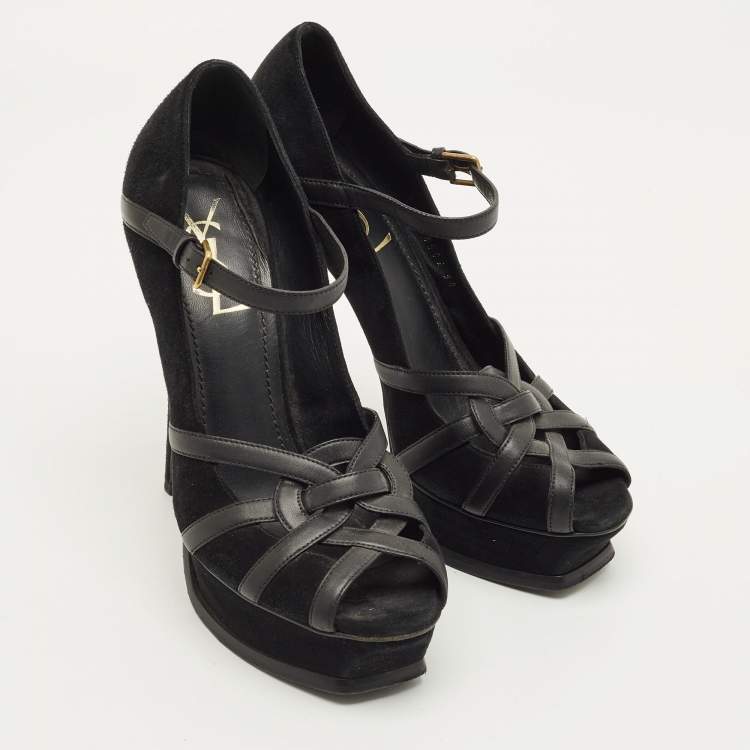 Pre Owned Yves Saint Laurent Size 38 Black Leather and Suede Strappy Platform Pumps