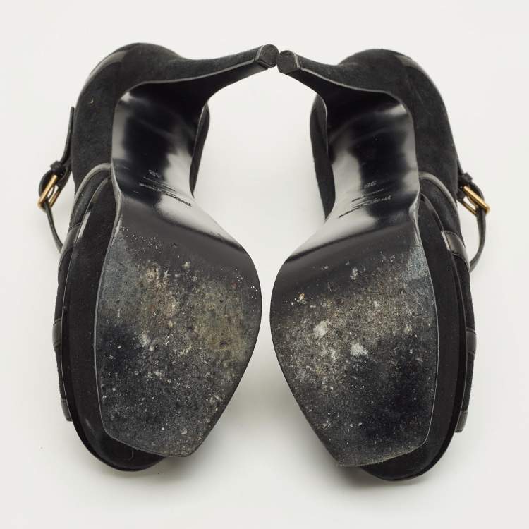 Pre Owned Yves Saint Laurent Size 38 Black Leather and Suede Strappy Platform Pumps