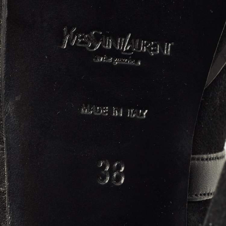 Pre Owned Yves Saint Laurent Size 38 Black Leather and Suede Strappy Platform Pumps