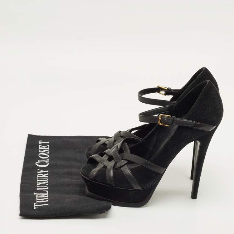 Pre Owned Yves Saint Laurent Size 38 Black Leather and Suede Strappy Platform Pumps