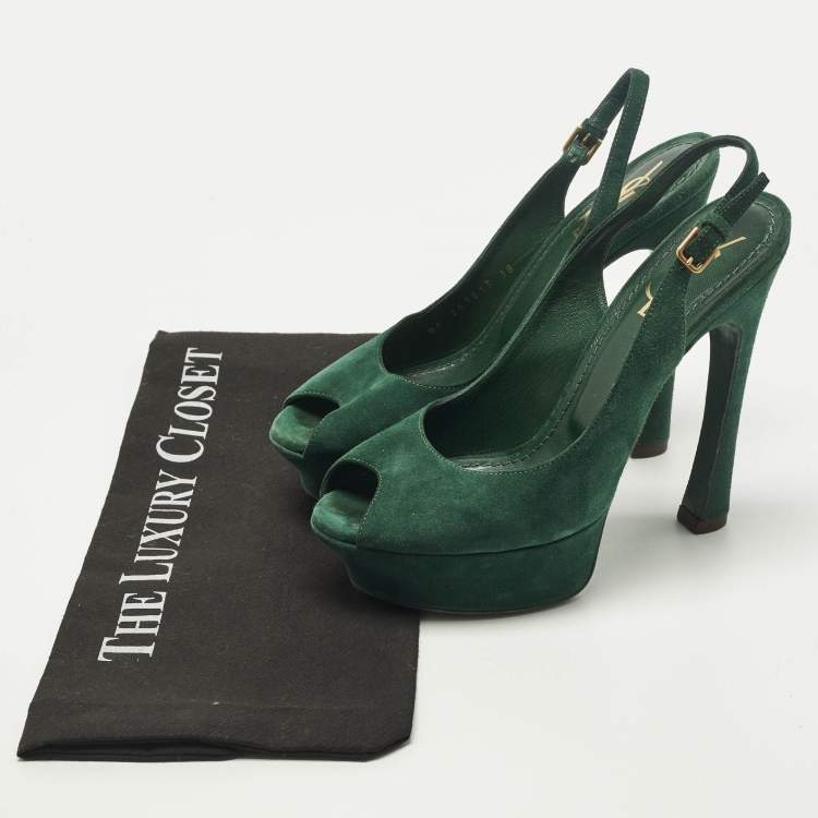 Pre Owned Yves Saint Laurent Size 38 Green Suede Platform Slingback Pumps
