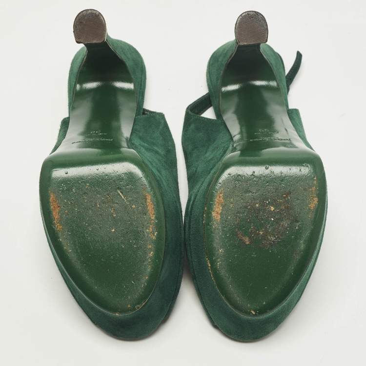 Pre Owned Yves Saint Laurent Size 38 Green Suede Platform Slingback Pumps