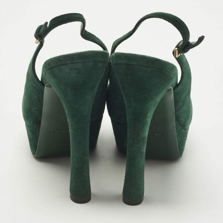 Pre Owned Yves Saint Laurent Size 38 Green Suede Platform Slingback Pumps