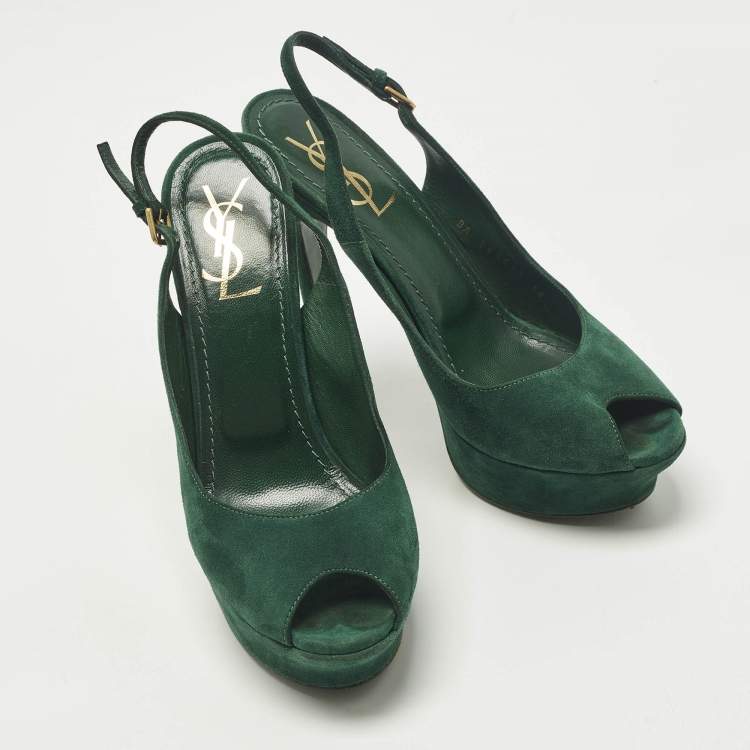 Pre Owned Yves Saint Laurent Size 38 Green Suede Platform Slingback Pumps