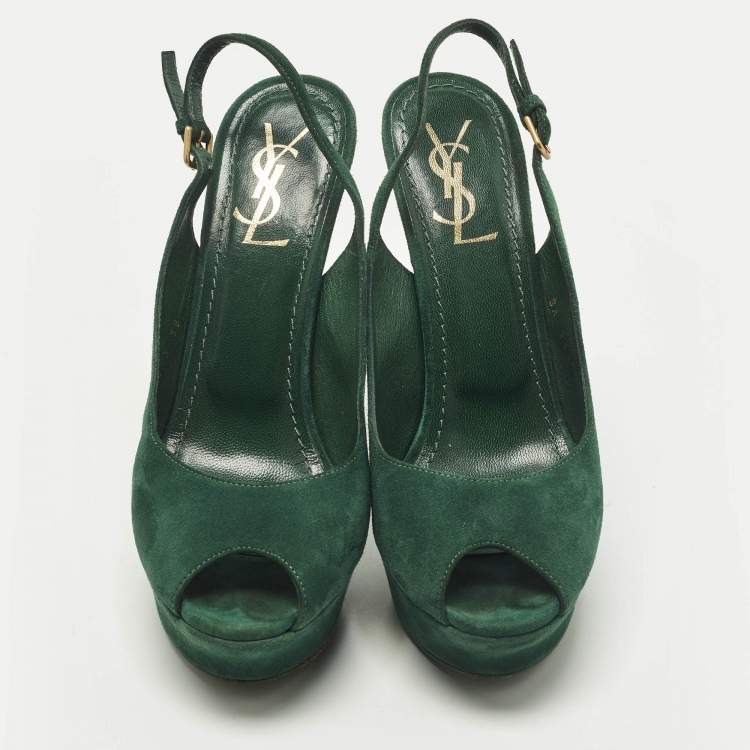 Pre Owned Yves Saint Laurent Size 38 Green Suede Platform Slingback Pumps