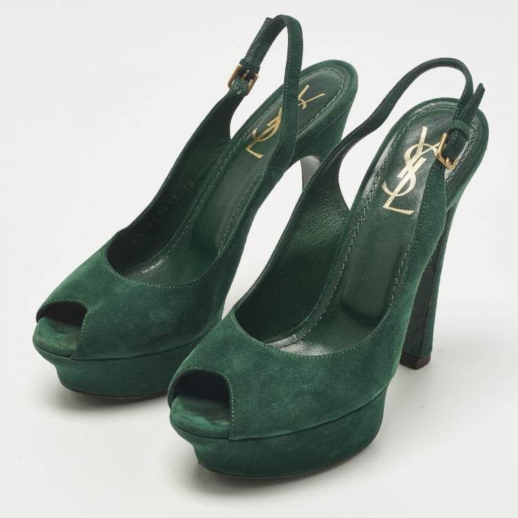 Pre Owned Yves Saint Laurent Size 38 Green Suede Platform Slingback Pumps