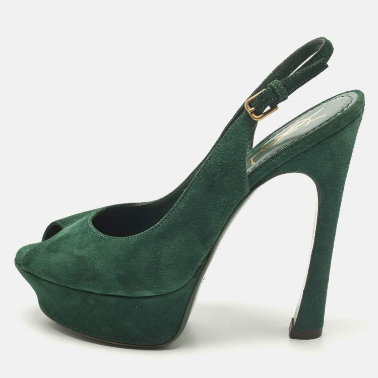 Pre Owned Yves Saint Laurent Size 38 Green Suede Platform Slingback Pumps