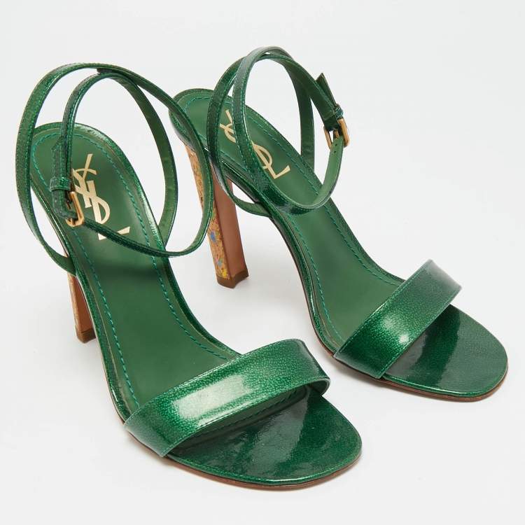 Pre Owned Yves Saint Laurent Size 38.5 Green Patent Leather Ankle Wrap Sandals