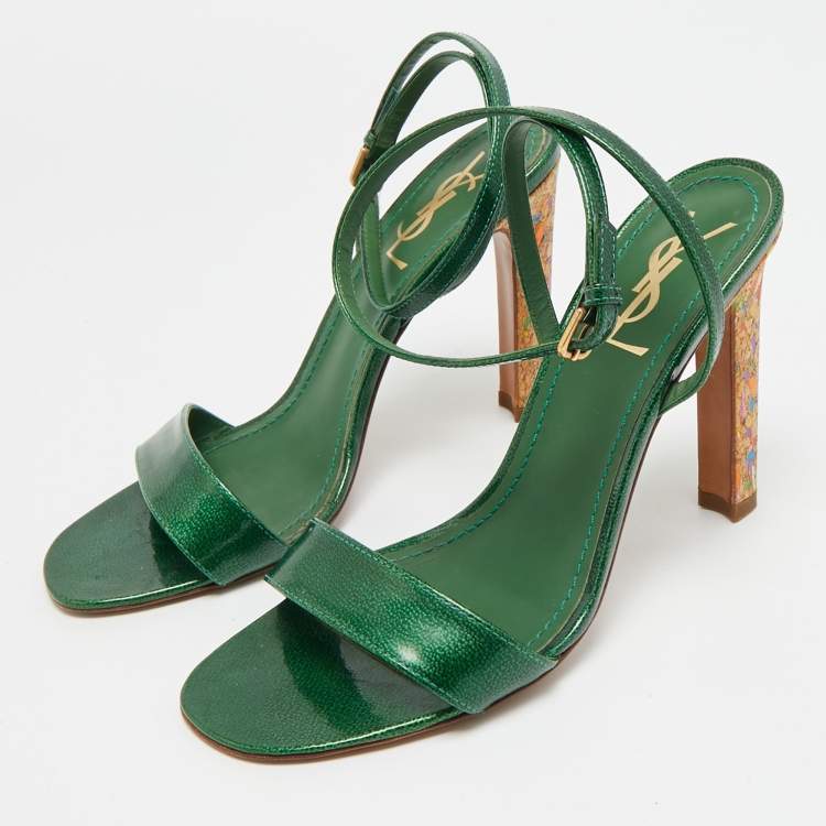 Pre Owned Yves Saint Laurent Size 38.5 Green Patent Leather Ankle Wrap Sandals