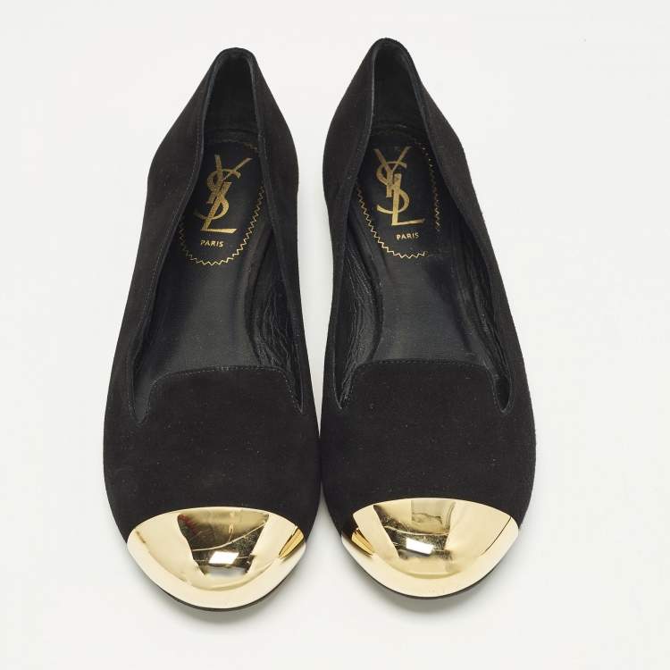 Pre Owned Yves Saint Laurent Size 38 Black/Gold Metal and Suede Cap toe Ballet Flats