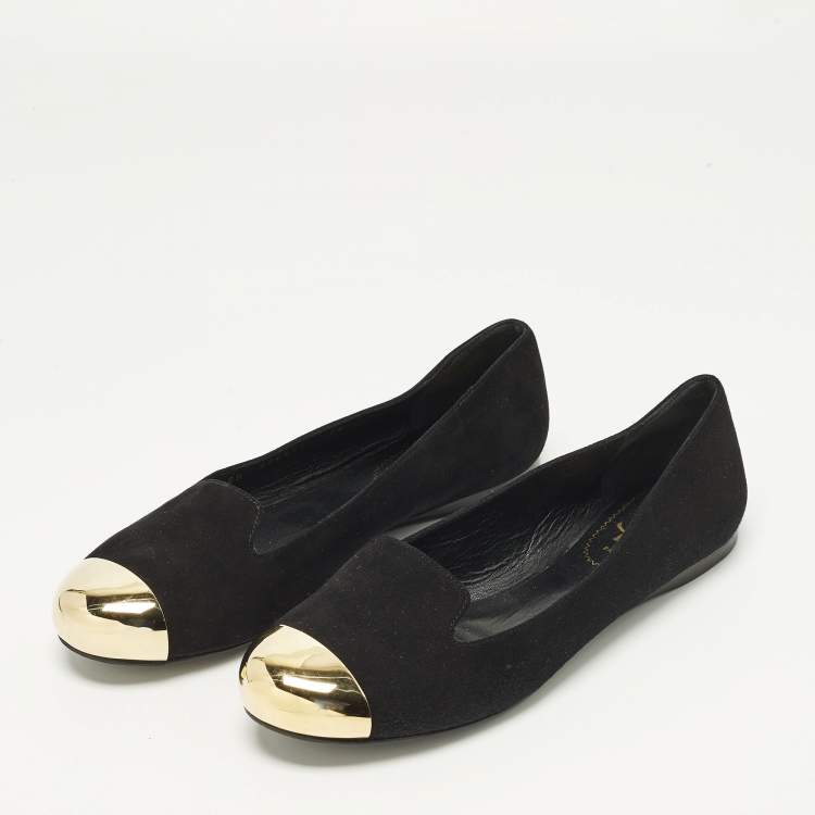 Pre Owned Yves Saint Laurent Size 38 Black/Gold Metal and Suede Cap toe Ballet Flats