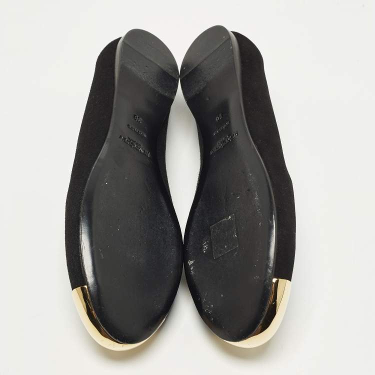 Pre Owned Yves Saint Laurent Size 38 Black/Gold Metal and Suede Cap toe Ballet Flats