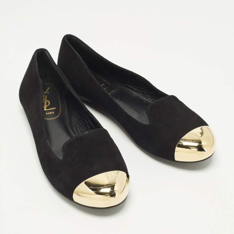 Pre Owned Yves Saint Laurent Size 38 Black/Gold Metal and Suede Cap toe Ballet Flats