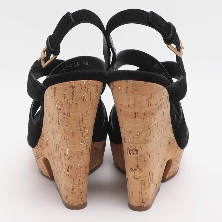 مملوكة مسبقًا Yves Saint Laurent Deauville Size 38 Black Suede Cork Wedge Slingback Sandals