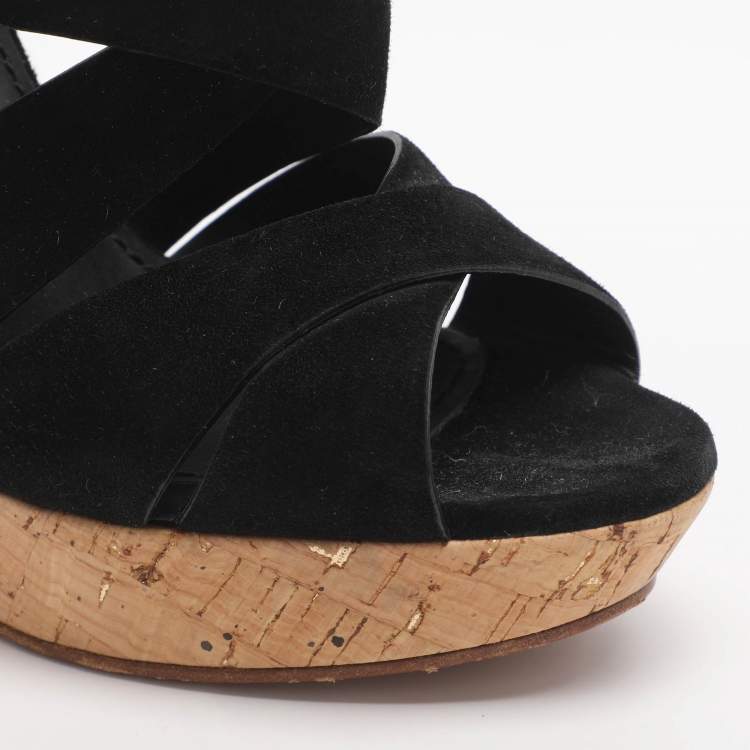 مملوكة مسبقًا Yves Saint Laurent Deauville Size 38 Black Suede Cork Wedge Slingback Sandals