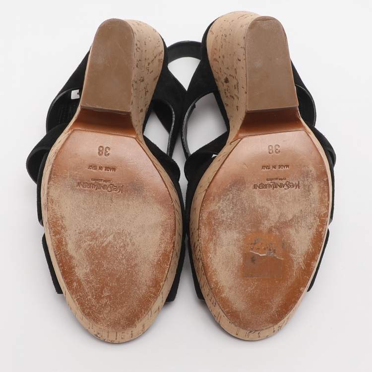 مملوكة مسبقًا Yves Saint Laurent Deauville Size 38 Black Suede Cork Wedge Slingback Sandals