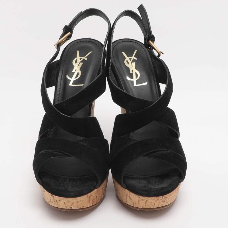 مملوكة مسبقًا Yves Saint Laurent Deauville Size 38 Black Suede Cork Wedge Slingback Sandals
