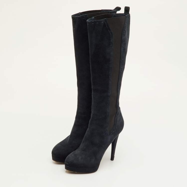 Pre Owned Yves Saint Laurent Size 36.5 Navy Blue Suede Platform Calf Length Boots
