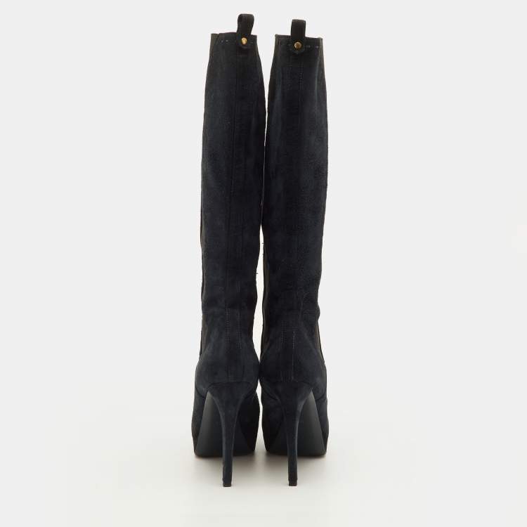 Pre Owned Yves Saint Laurent Size 36.5 Navy Blue Suede Platform Calf Length Boots