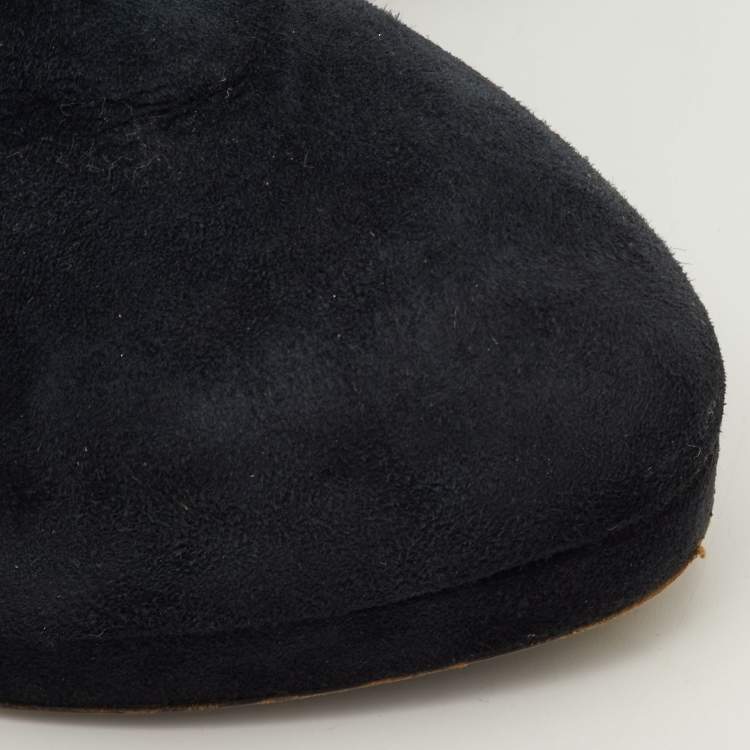 Pre Owned Yves Saint Laurent Size 36.5 Navy Blue Suede Platform Calf Length Boots