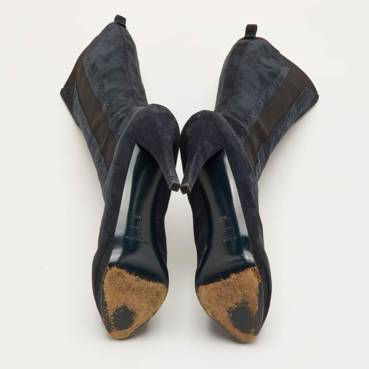 Pre Owned Yves Saint Laurent Size 36.5 Navy Blue Suede Platform Calf Length Boots