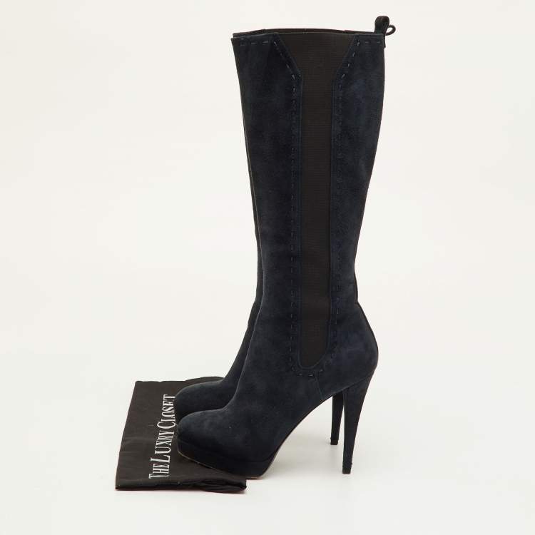 Pre Owned Yves Saint Laurent Size 36.5 Navy Blue Suede Platform Calf Length Boots