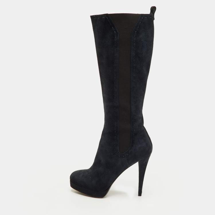Pre Owned Yves Saint Laurent Size 36.5 Navy Blue Suede Platform Calf Length Boots