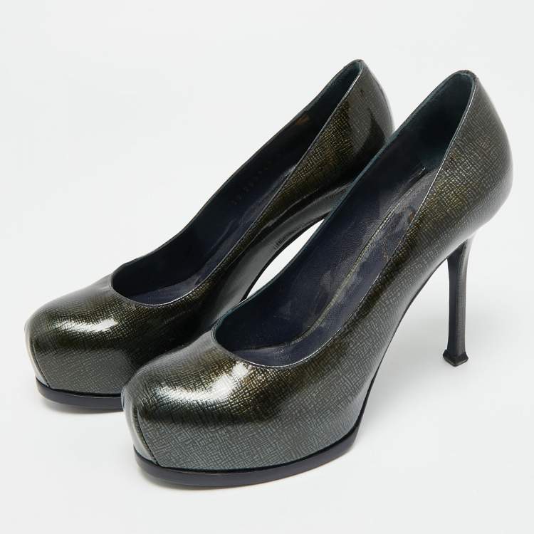 Pre Owned Yves Saint Laurent Tribtoo Size 37 Dark Green Patent Leather Platform Pumps