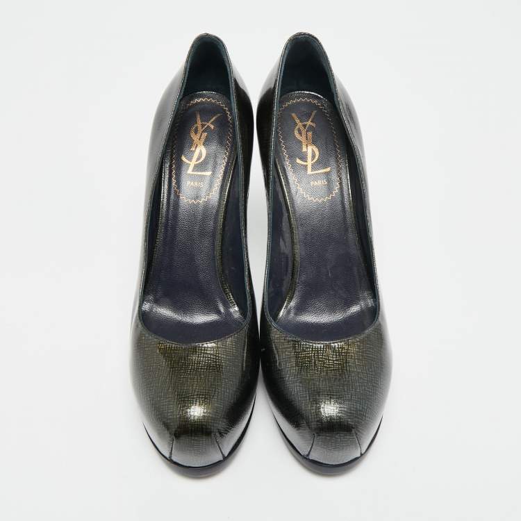 Pre Owned Yves Saint Laurent Tribtoo Size 37 Dark Green Patent Leather Platform Pumps