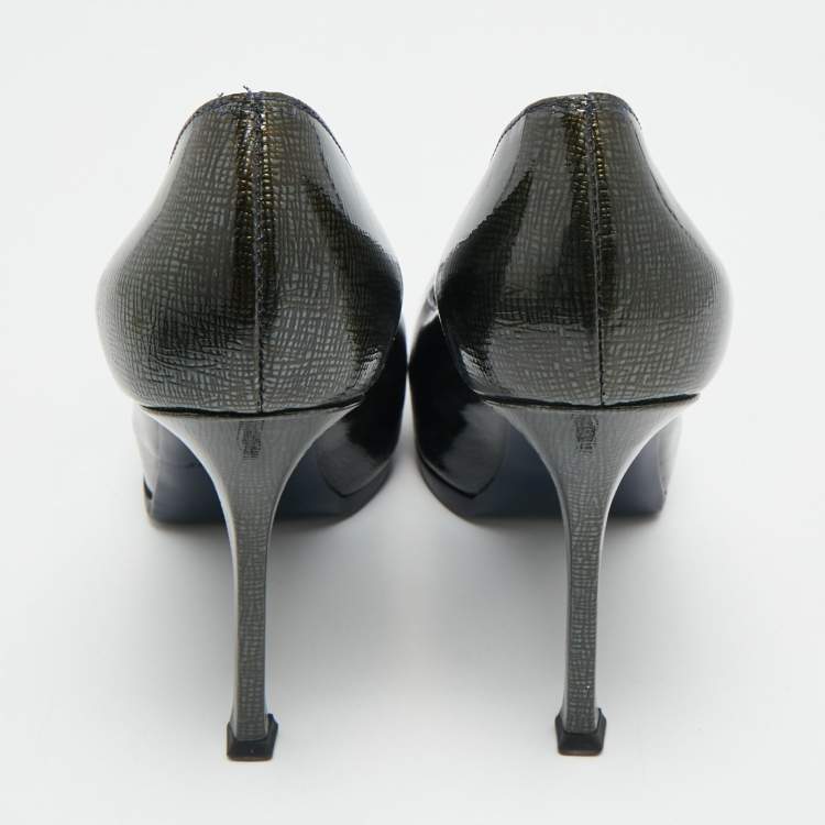 Pre Owned Yves Saint Laurent Tribtoo Size 37 Dark Green Patent Leather Platform Pumps