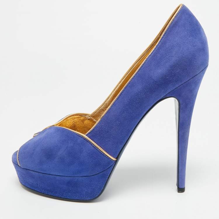 مملوكة مسبقًا Yves Saint Laurent Size 40 Blue/Gold Suede Platform Pumps
