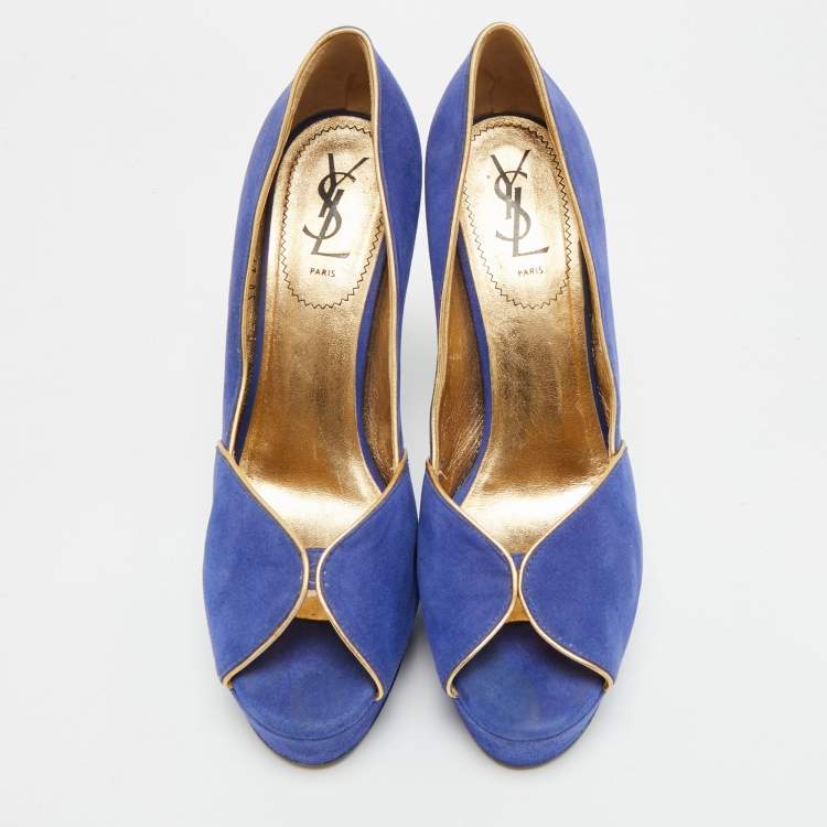 مملوكة مسبقًا Yves Saint Laurent Size 40 Blue/Gold Suede Platform Pumps