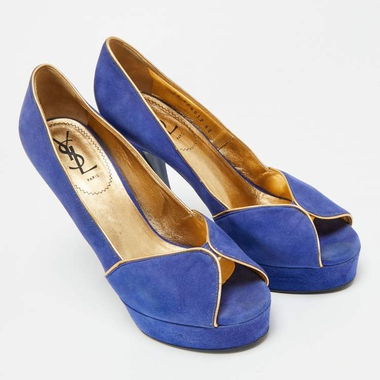 مملوكة مسبقًا Yves Saint Laurent Size 40 Blue/Gold Suede Platform Pumps