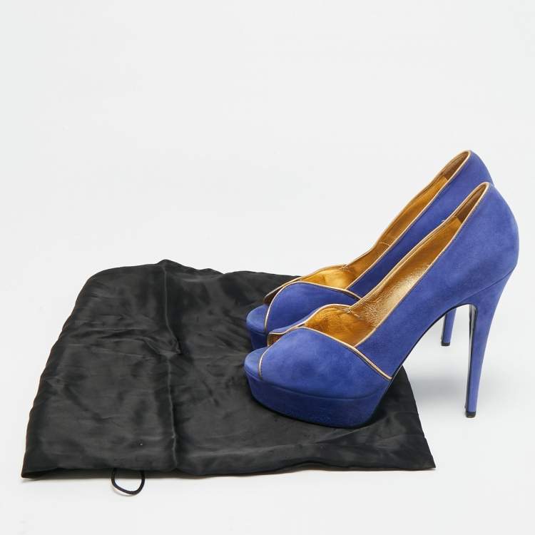 مملوكة مسبقًا Yves Saint Laurent Size 40 Blue/Gold Suede Platform Pumps