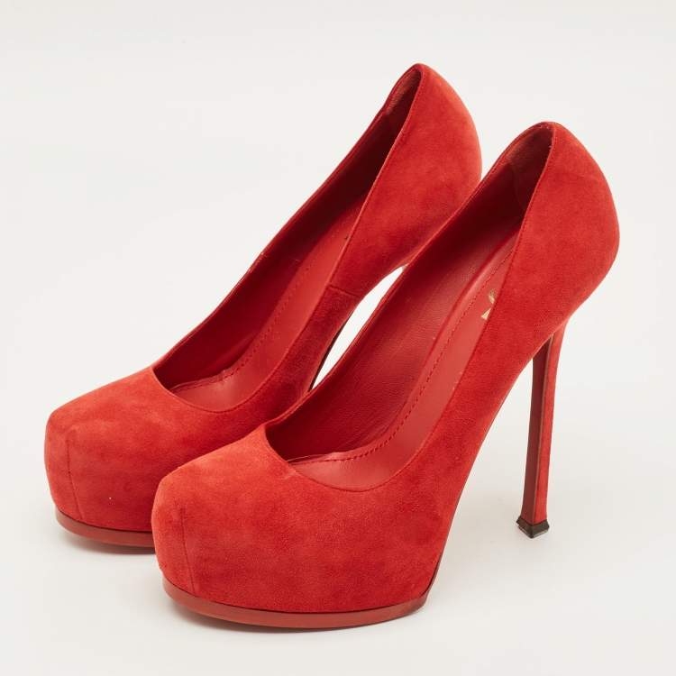 Pre Owned Yves Saint Laurent Tribtoo Size 40 Red Suede Platform Pumps