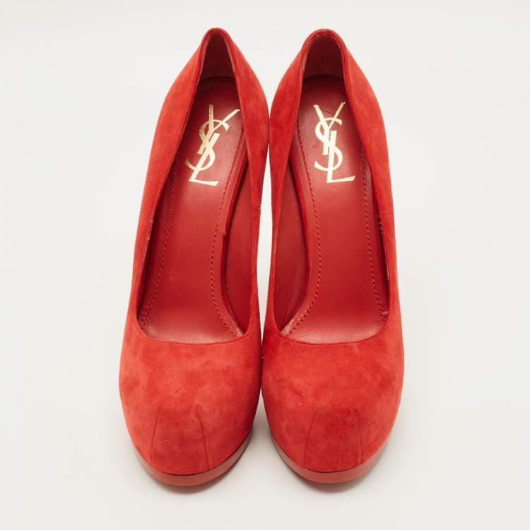 Pre Owned Yves Saint Laurent Tribtoo Size 40 Red Suede Platform Pumps