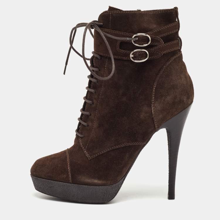 Pre Owned Yves Saint Laurent Size 36.5 Dark Brown Suede Lace Up Platform Ankle Length Boots