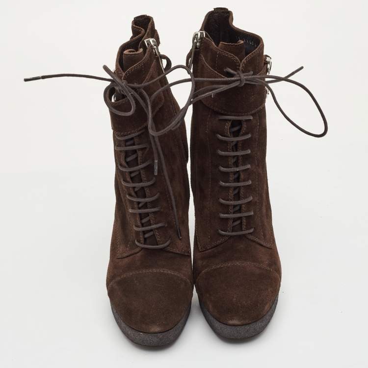 Pre Owned Yves Saint Laurent Size 36.5 Dark Brown Suede Lace Up Platform Ankle Length Boots