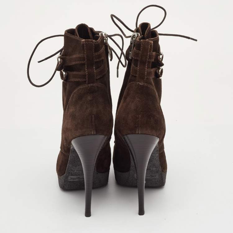 Pre Owned Yves Saint Laurent Size 36.5 Dark Brown Suede Lace Up Platform Ankle Length Boots