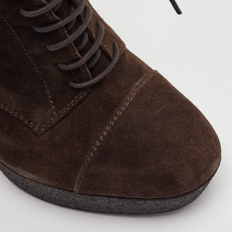 Pre Owned Yves Saint Laurent Size 36.5 Dark Brown Suede Lace Up Platform Ankle Length Boots