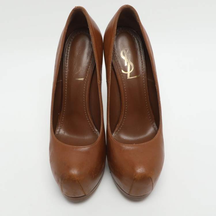 Pre Owned Yves Saint Laurent Tribtoo Size 37 Brown Leather Platform Pumps