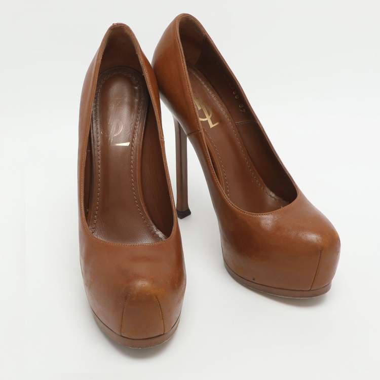 Pre Owned Yves Saint Laurent Tribtoo Size 37 Brown Leather Platform Pumps